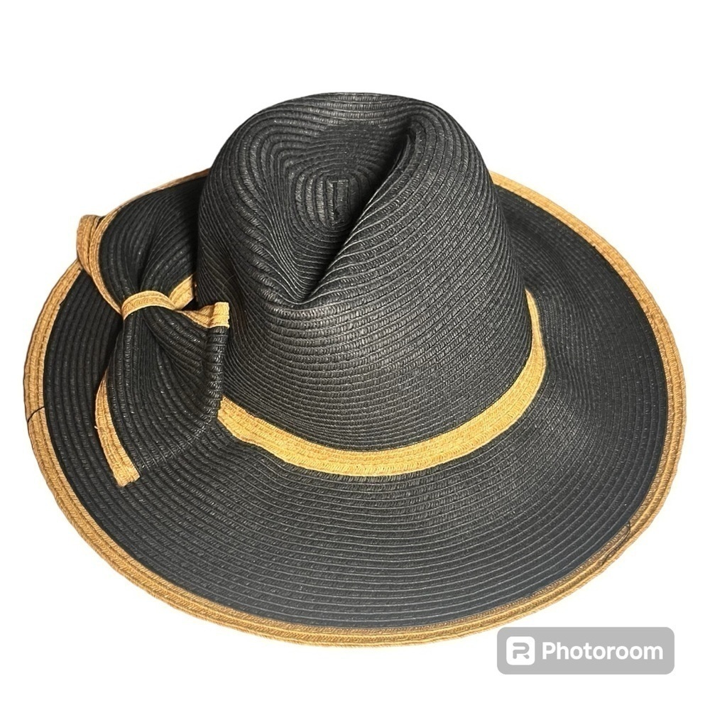 Cappelli Straworld resort cruise beach Paper Braid Black Bow Wide Brim‎ Hat OS
